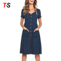 9 colour summer fashion V-collar button pocket Short Sleeve Dress